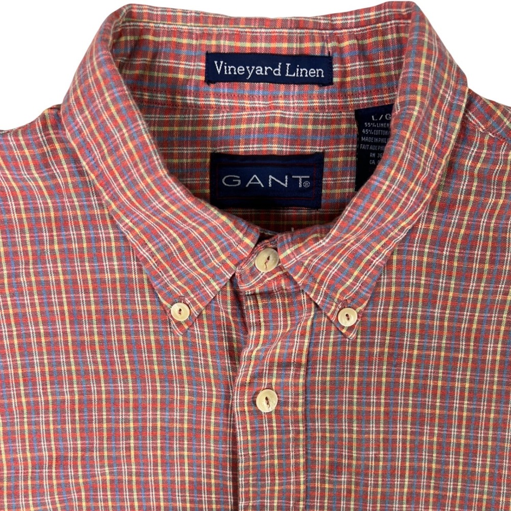 Gant Vineyard Linen Shirt Mens Large Red Plaid Short Sleeve Button Down Cotton